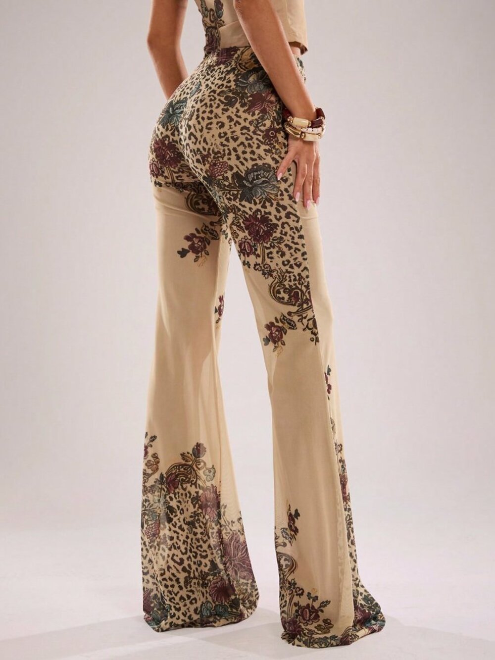 Yellow Elegant Women's Low Waist Mesh Pattern Print Flare Pants - Picture 2 of 7